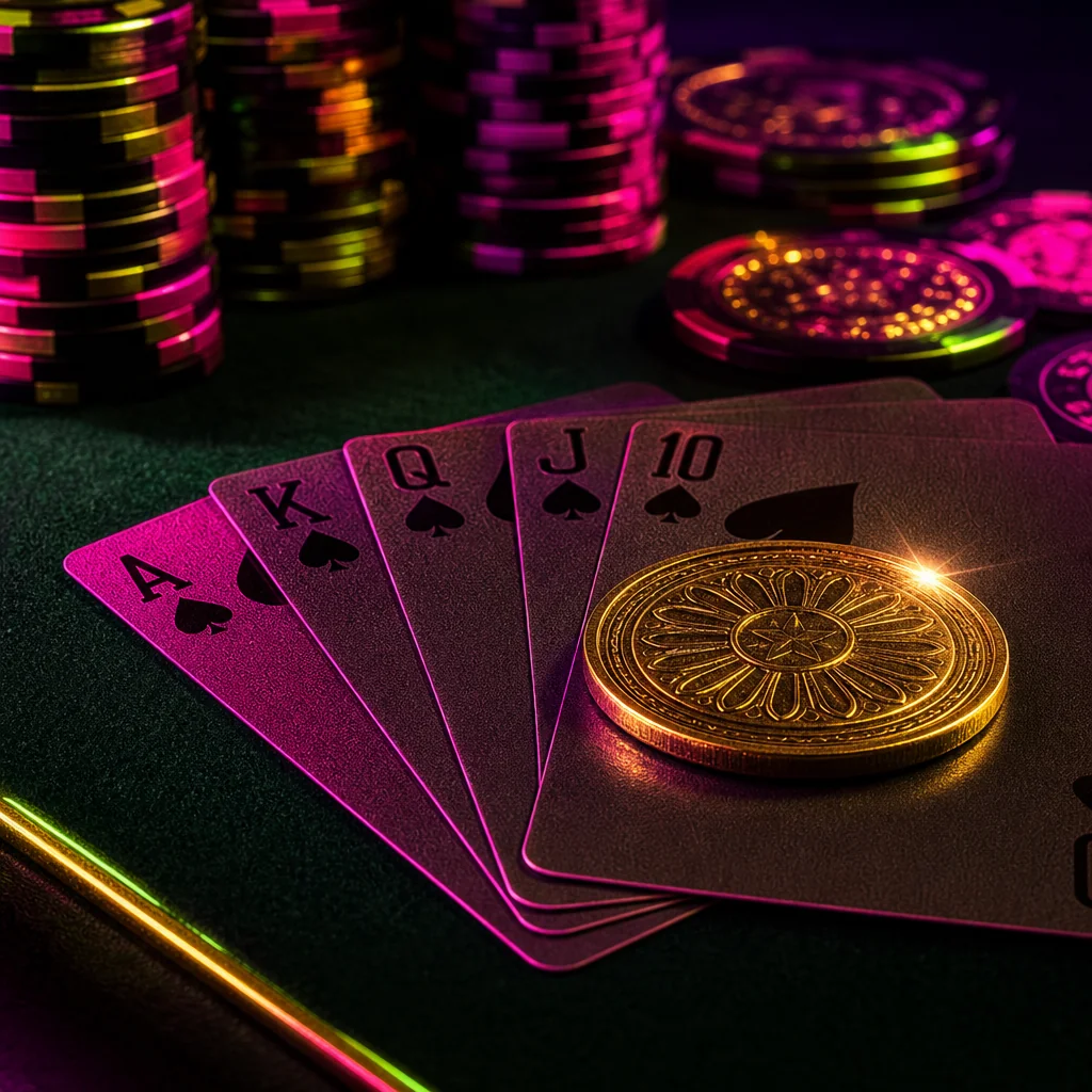 Neon carnival cards fanned across a Stake table