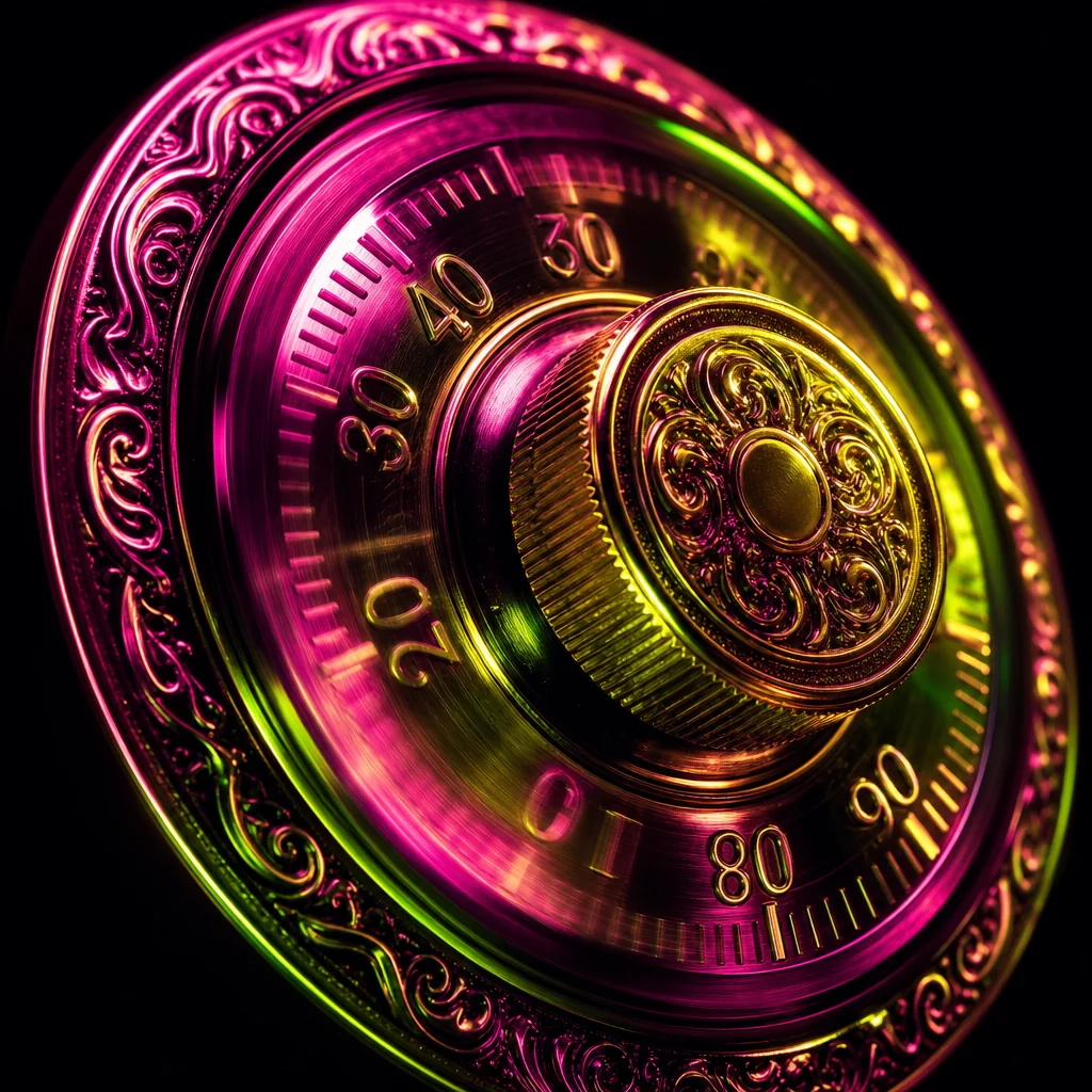 Neon vault door with gold crypto coins spilling out